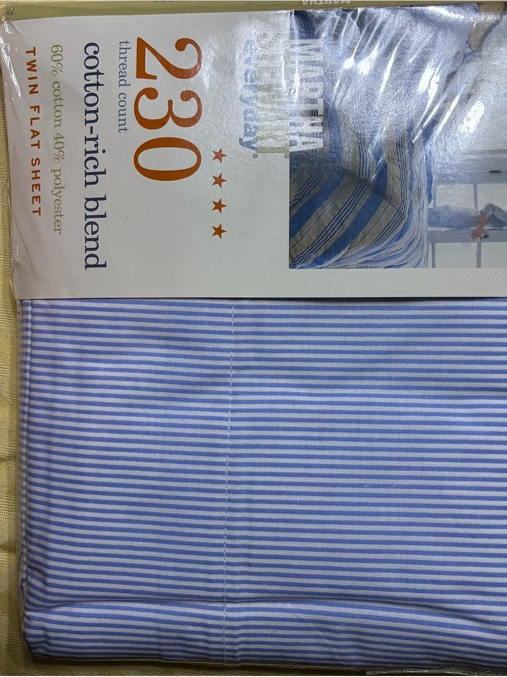 Martha 230 Thread Count Cotton-Rich Twin Flat Sheet - Blue & White Stripes